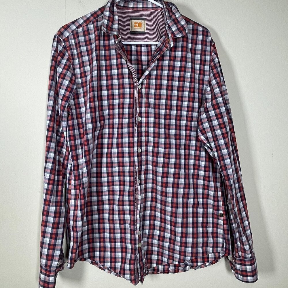 Boss Orange Button Up Shirt Mens Size L Plaid Long Sleeve Red Navy!